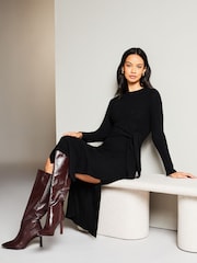 Lipsy Black Crew Neck Cosy Long Sleeve Tie Side Jersey Midi Jumper Dress - Image 3 of 4