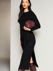 Lipsy Black Crew Neck Cosy Long Sleeve Tie Side Jersey Midi Jumper Dress - Image 4 of 4