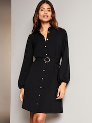 Lipsy Black Woven Belted Button Through Mini Shirt Dress - Image 1 of 4