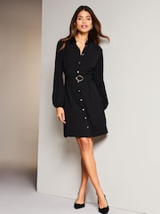 Lipsy Black Woven Belted Button Through Mini Shirt Dress - Image 3 of 4