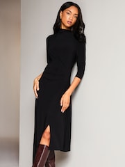 Lipsy Black Jersey Asymmetric Hem High Neck Midi Jumper Dress - Image 1 of 4
