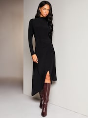 Lipsy Black Jersey Asymmetric Hem High Neck Midi Jumper Dress - Image 3 of 4