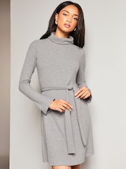 Lipsy Grey Roll Neck Belted Shift Cosy Jumper Dress - Image 1 of 4