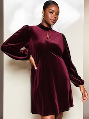 Lipsy Berry Red Curve Velvet Long Sleeve High Neck Key Hole Mini Dress - Image 1 of 4