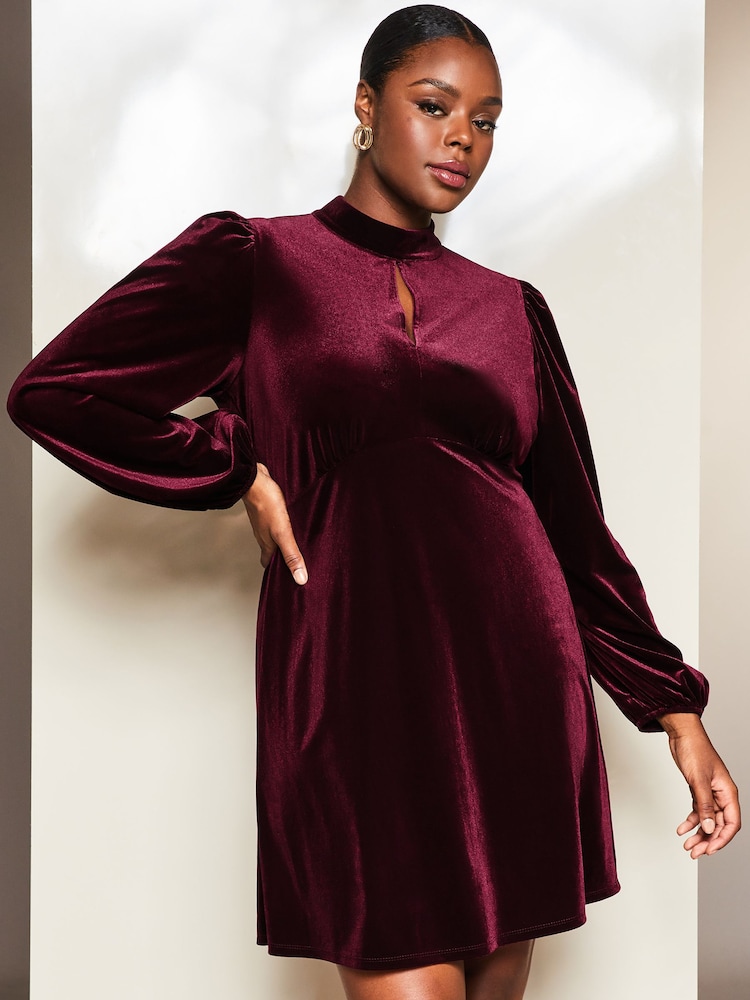 Lipsy Berry Red Curve Velvet Long Sleeve High Neck Key Hole Mini Dress - Image 1 of 4