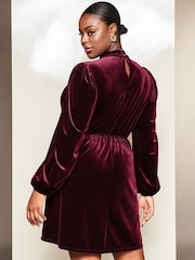 Lipsy Berry Red Curve Velvet Long Sleeve High Neck Key Hole Mini Dress - Image 2 of 4