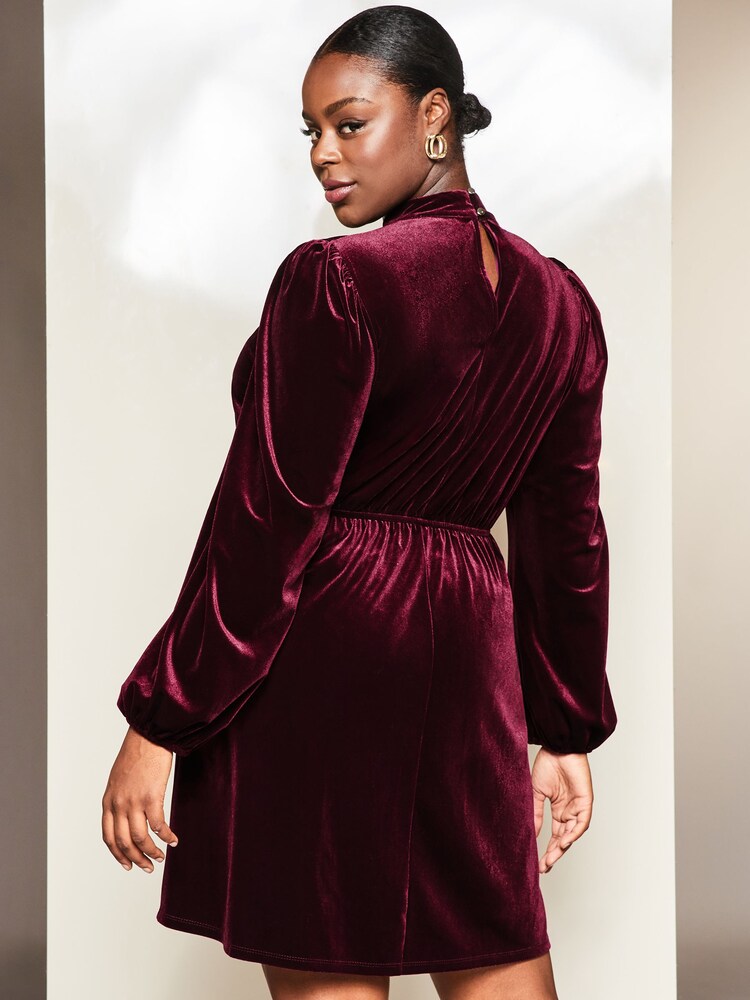 Lipsy Berry Red Curve Velvet Long Sleeve High Neck Key Hole Mini Dress - Image 2 of 4