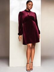 Lipsy Berry Red Curve Velvet Long Sleeve High Neck Key Hole Mini Dress - Image 3 of 4