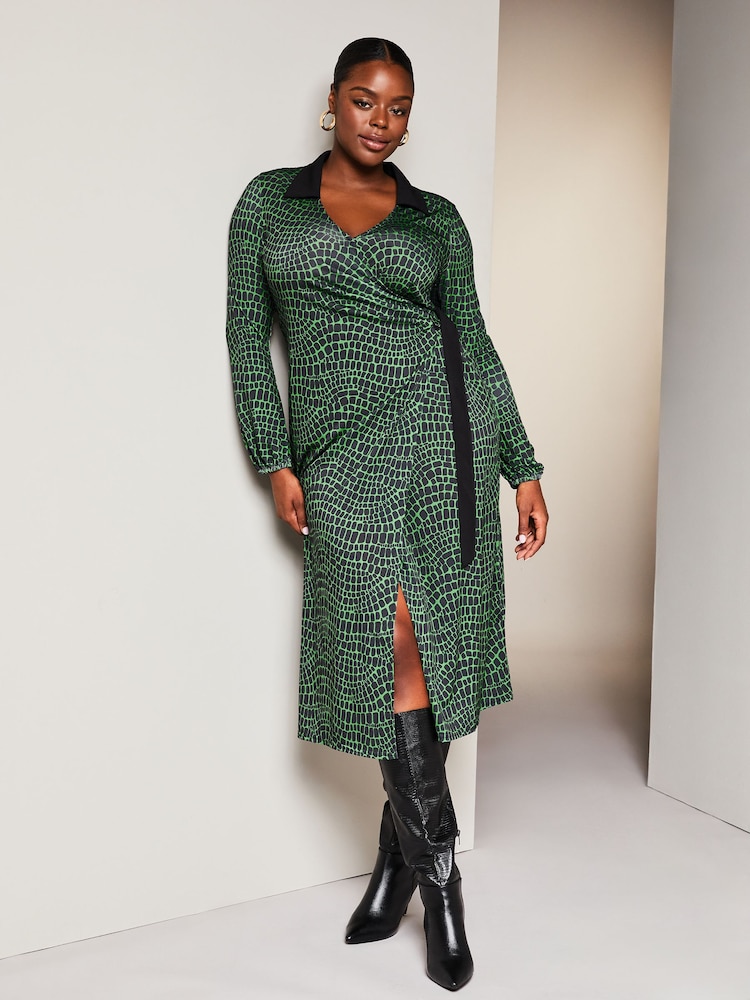 Lipsy Green Curve Jersey Wrap V Neck Ruched Hardware Midi Shirt Dress - Image 1 of 4