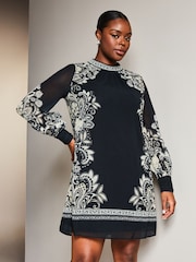 Lipsy Black/White Curve Placement Printed Long Sleeve Shift Mini Dress - Image 1 of 4