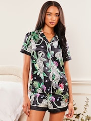 Lipsy Black Tigerlily Satin Short Sleeve Shorts Pyjamas - Image 1 of 1