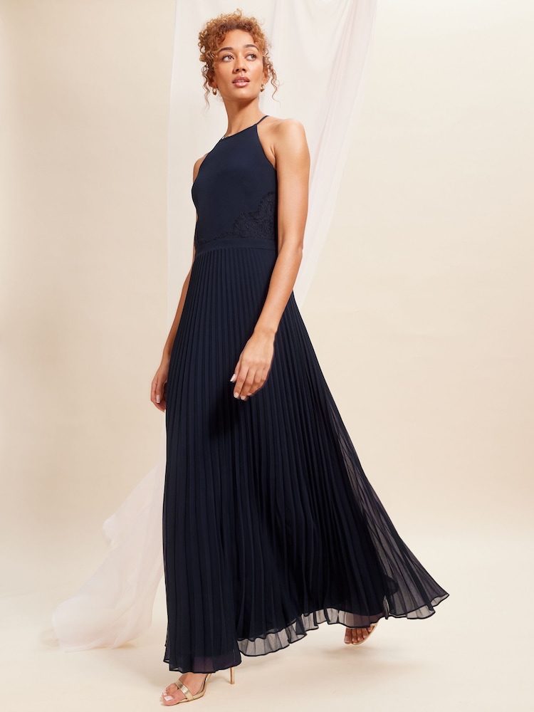 Love & Roses Navy Blue Petite Pleated Lace Insert Bridesmaid Maxi Dress - Image 1 of 4