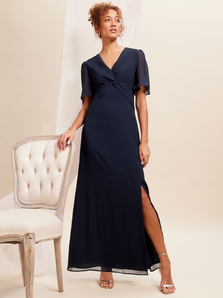 Love & Roses Navy Blue Petite Twist Front Flutter Sleeve Lace Insert Maxi Dress - Image 1 of 4