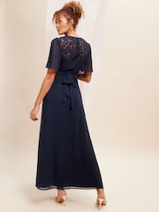 Love & Roses Navy Blue Petite Twist Front Flutter Sleeve Lace Insert Maxi Dress - Image 2 of 4