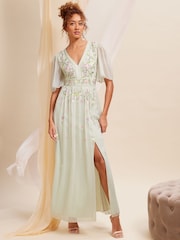 Love & Roses Green Embellished Chiffon Flutter Sleeve Maxi Dress - Image 1 of 4
