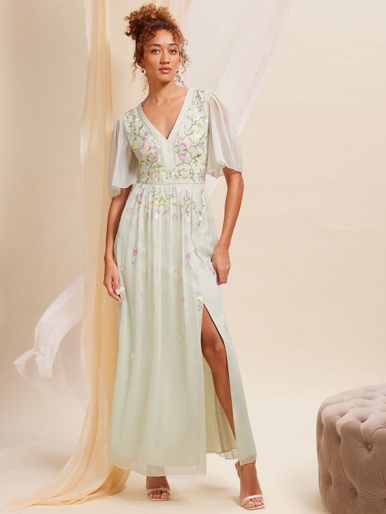 Love & Roses Green Embellished Chiffon Flutter Sleeve Maxi Dress - Image 1 of 4