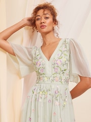 Love & Roses Green Embellished Chiffon Flutter Sleeve Maxi Dress - Image 2 of 4
