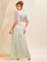 Love & Roses Green Embellished Chiffon Flutter Sleeve Maxi Dress - Image 3 of 4
