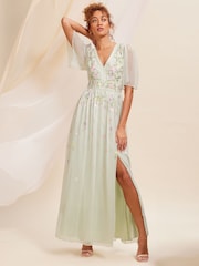 Love & Roses Green Embellished Chiffon Flutter Sleeve Maxi Dress - Image 4 of 4
