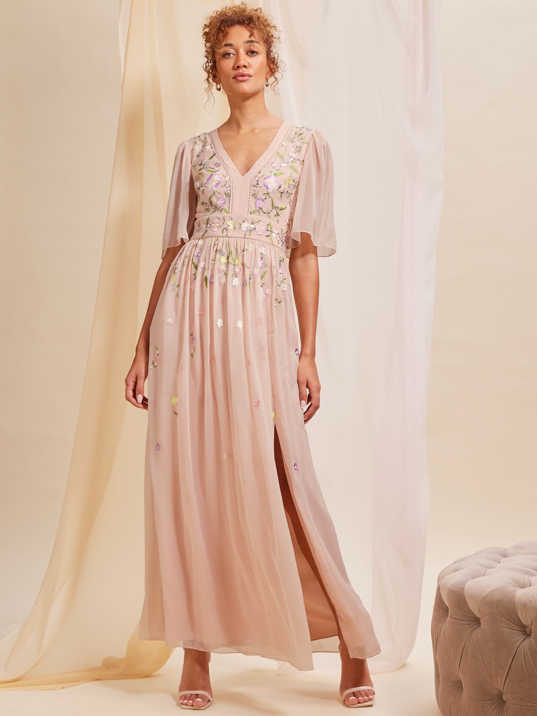 Pink chiffon high neck embellished maxi dress discount