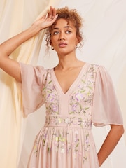 Love & Roses Pink Embellished Chiffon Flutter Sleeve Maxi Dress - Image 2 of 4