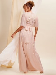 Love & Roses Pink Embellished Chiffon Flutter Sleeve Maxi Dress - Image 3 of 4