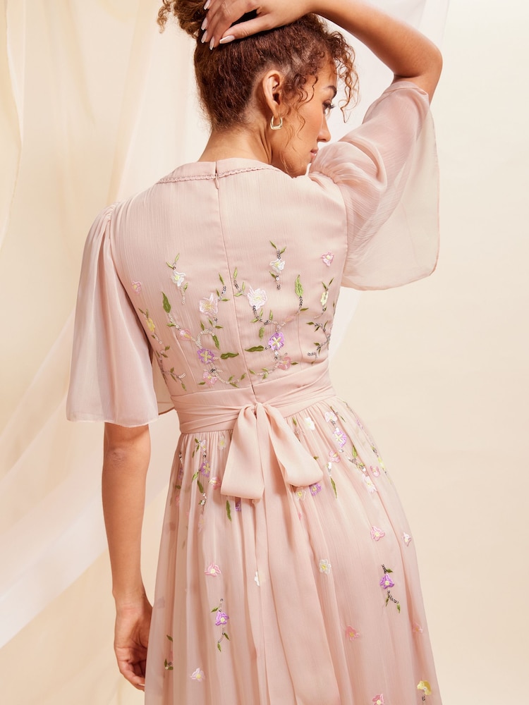Love & Roses Pink Embellished Chiffon Flutter Sleeve Maxi Dress - Image 4 of 4