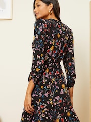 Love & Roses Black Floral Jersey 3/4 Puff Sleeve Wrap Mini Dress - Image 2 of 4