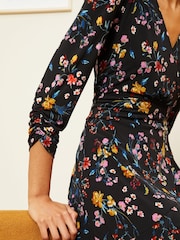 Love & Roses Black Floral Jersey 3/4 Puff Sleeve Wrap Mini Dress - Image 4 of 4