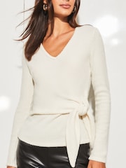 Lipsy Ivory White Cosy Rib V Neck Long Sleeve Tie Front Top - Image 4 of 4