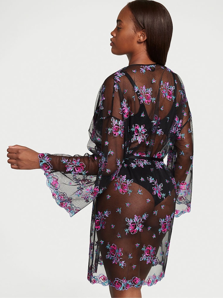 Victoria's Secret Illuminating Blooms Black Lace Trim Robe - Image 2 of 3