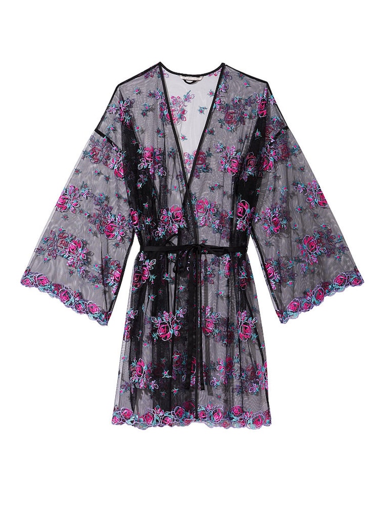 Victoria's Secret Illuminating Blooms Black Lace Trim Robe - Image 3 of 3