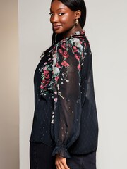 Lipsy Black Floral Curve Sheer Tie Neck Long Sleeve Blouse - Image 2 of 4