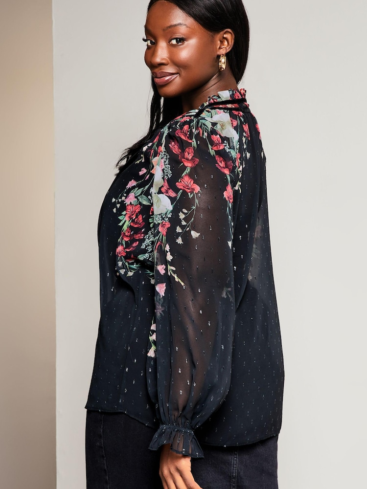 Lipsy Black Floral Curve Sheer Tie Neck Long Sleeve Blouse - Image 2 of 4