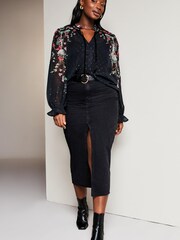 Lipsy Black Floral Curve Sheer Tie Neck Long Sleeve Blouse - Image 3 of 4