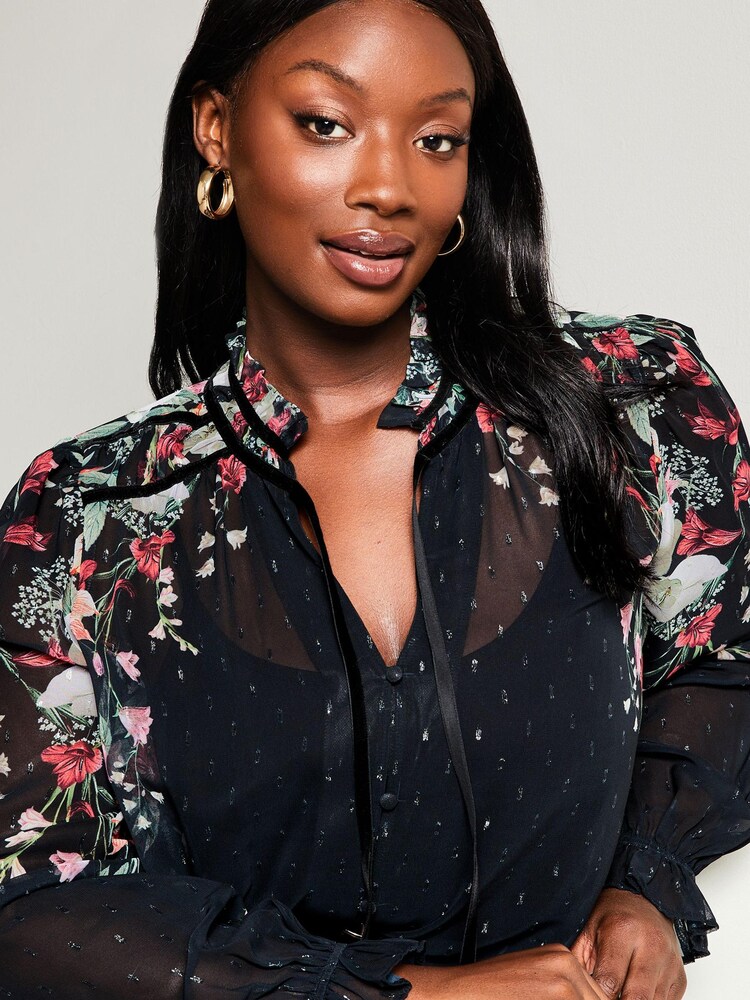 Lipsy Black Floral Curve Sheer Tie Neck Long Sleeve Blouse - Image 4 of 4