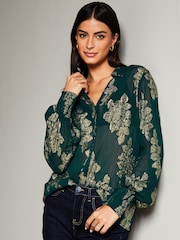 Lipsy Green Foil Metallic Long Sleeve Button Through Shirt - Image 1 of 4