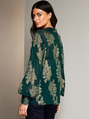 Lipsy Green Foil Metallic Long Sleeve Button Through Shirt - Image 2 of 4