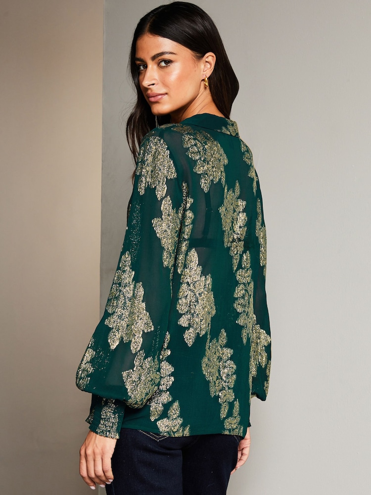 Lipsy Green Foil Metallic Long Sleeve Button Through Shirt - Image 2 of 4