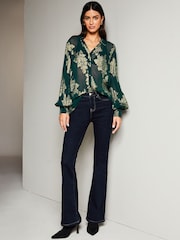 Lipsy Green Foil Metallic Long Sleeve Button Through Shirt - Image 3 of 4