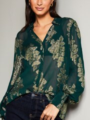 Lipsy Green Foil Metallic Long Sleeve Button Through Shirt - Image 4 of 4