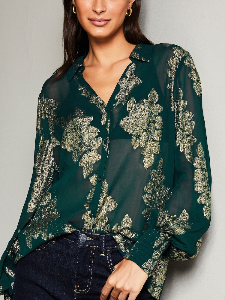 Lipsy Green Foil Metallic Long Sleeve Button Through Shirt - Image 4 of 4