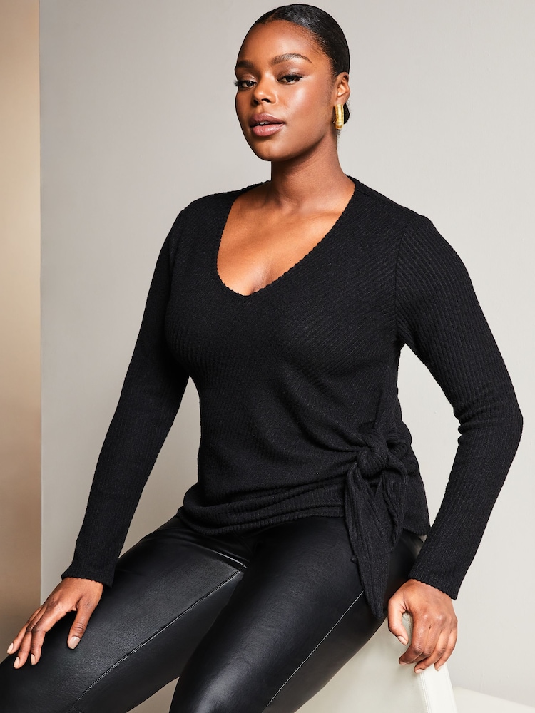 Lipsy Black Curve Cosy Rib V Neck Long Sleeve Tie Front Top - Image 1 of 1
