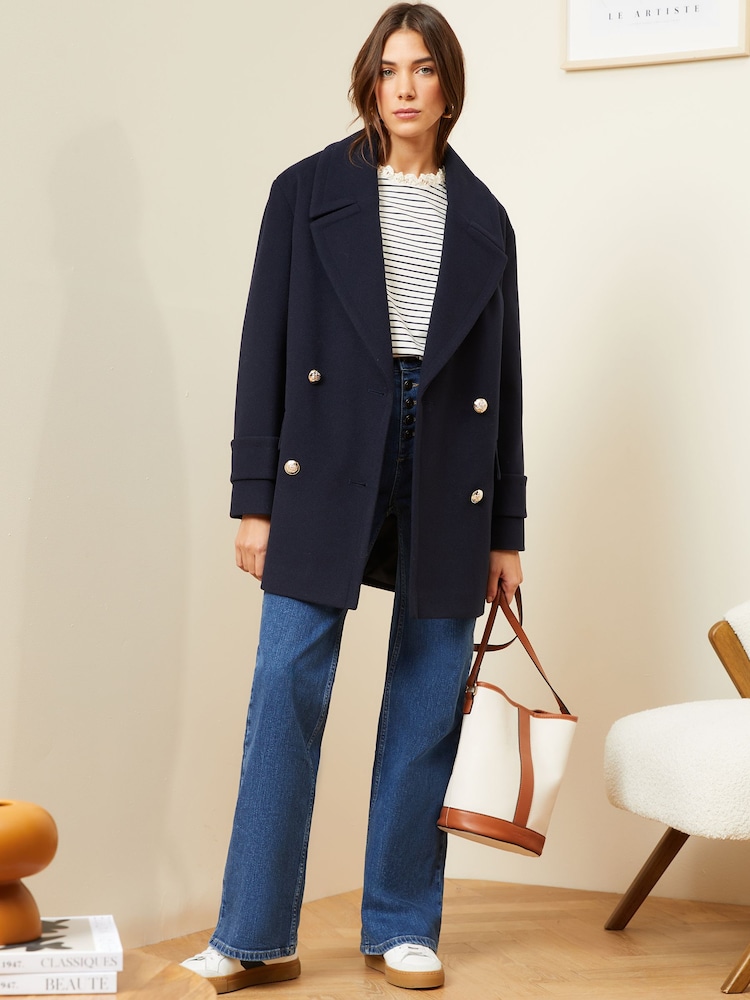 Love & Roses Navy Blue Petite Double Breasted Peacoat - Image 4 of 4