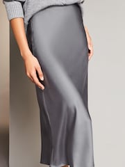 Lipsy Charcoal Grey Petite Satin Bias Cut Midi Skirt - Image 1 of 4