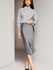 Lipsy Charcoal Grey Petite Satin Bias Cut Midi Skirt - Image 3 of 4