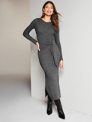 Lipsy Grey Crew Neck Cosy Long Sleeve Tie Side Jersey Midi Jumper Dress - Image 1 of 4