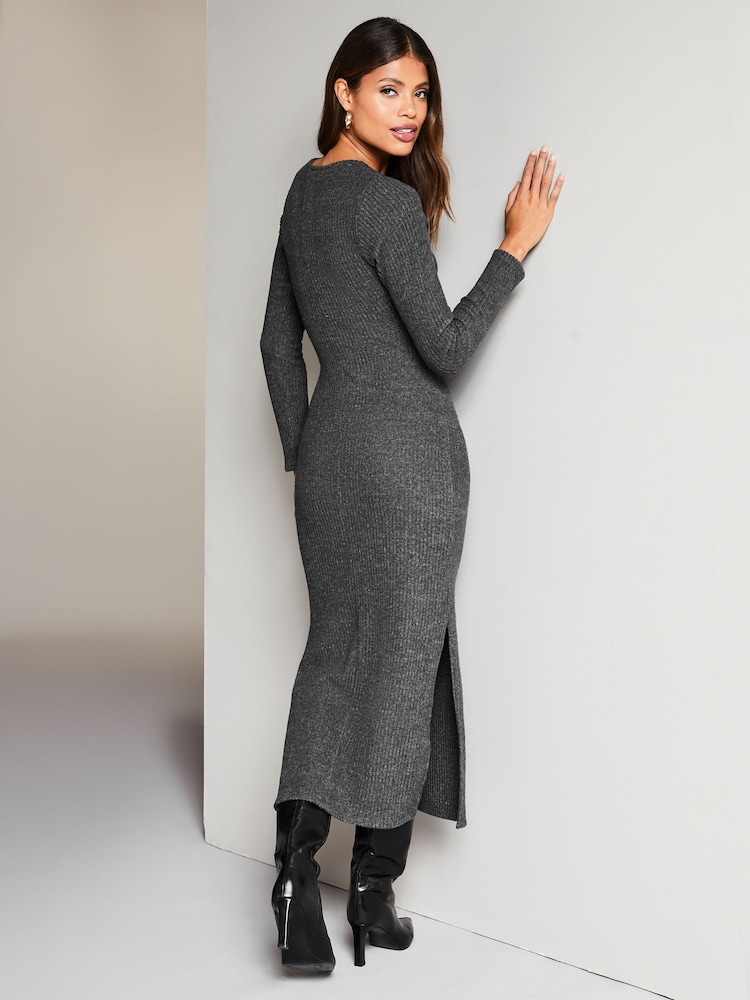 Lipsy Grey Crew Neck Cosy Long Sleeve Tie Side Jersey Midi Jumper Dress - Image 2 of 4
