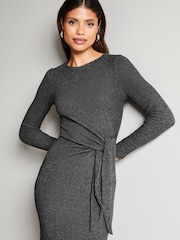 Lipsy Grey Crew Neck Cosy Long Sleeve Tie Side Jersey Midi Jumper Dress - Image 4 of 4