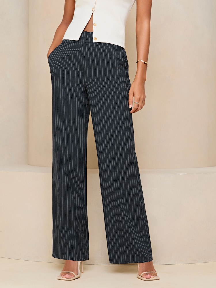 Lipsy Navy Blue Pinstripe Wide Leg Woven Smart Trousers - Image 1 of 4
